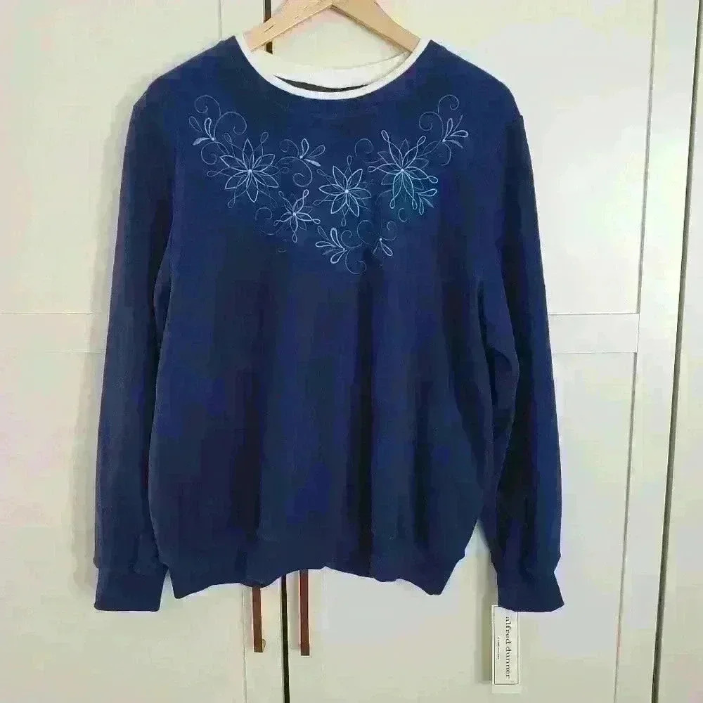 ALFRED DUNNER  | Women's Blue Fleece Floral Print Crewneck Sweater
